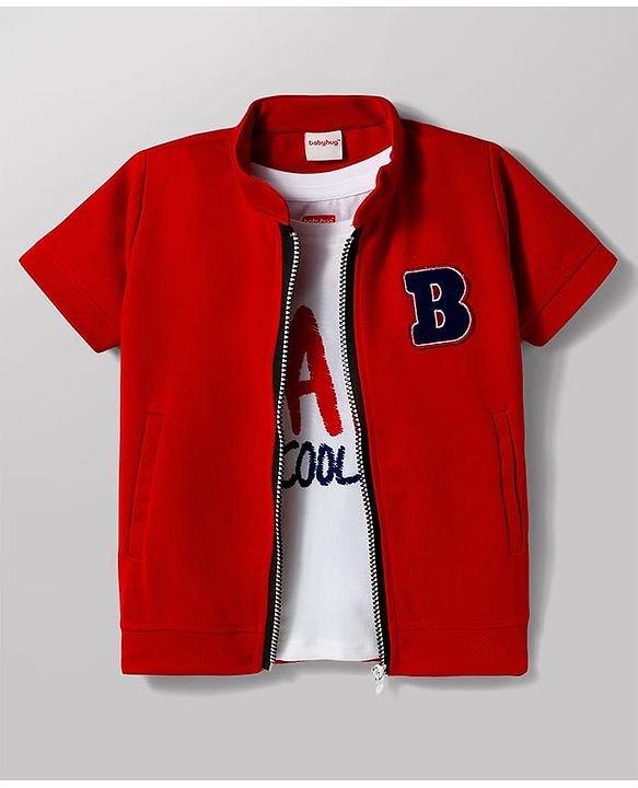 Babyhug Knitted Half Sleeves Jacket With Text Printed Inner Tee - Red