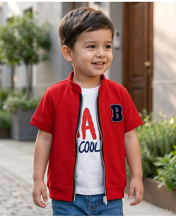 Babyhug Knitted Half Sleeves Jacket With Text Printed Inner Tee - Red