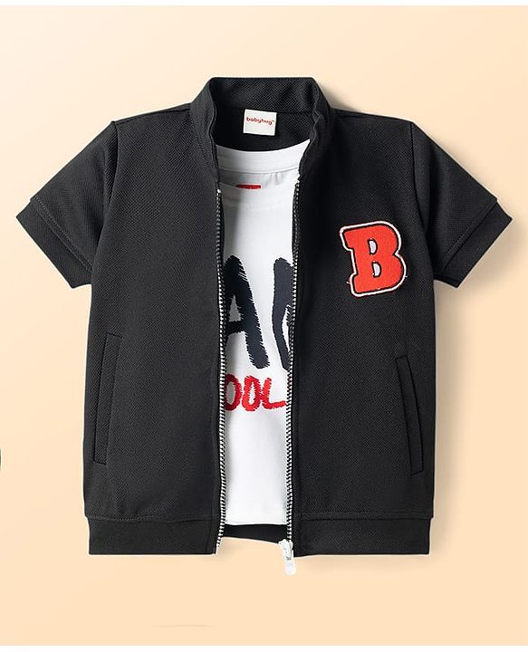Babyhug Knitted Half Sleeves Jacket With Text Printed Inner Tee - Red