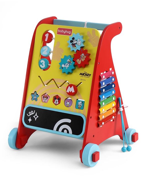 Babyhug Disney Mickey & Friends Wooden Activity Walker with Xylophone and 6 Activities - Red| Baby Safe Material| Engaging Activity Toys
