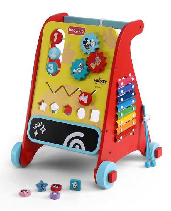Babyhug Disney Mickey & Friends Wooden Activity Walker with Xylophone and 6 Activities - Red| Baby Safe Material| Engaging Activity Toys