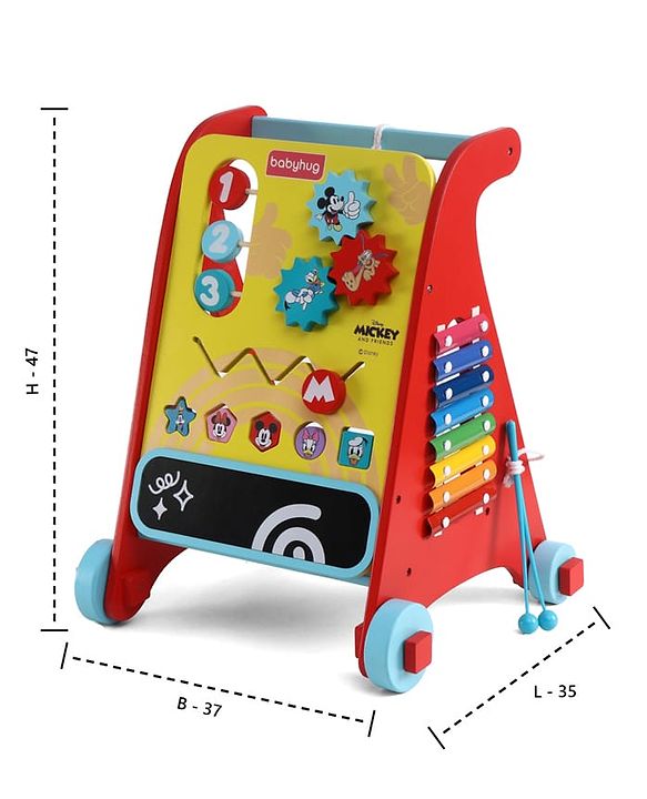Babyhug Disney Mickey & Friends Wooden Activity Walker with Xylophone and 6 Activities - Red| Baby Safe Material| Engaging Activity Toys