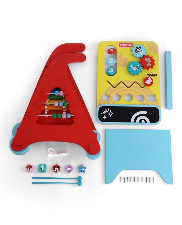 Babyhug Disney Mickey & Friends Wooden Activity Walker with Xylophone and 6 Activities - Red| Baby Safe Material| Engaging Activity Toys