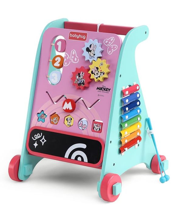 Babyhug Disney Mickey & Friends Wooden Activity Walker with Xylophone and 6 Activities - Red| Baby Safe Material| Engaging Activity Toys