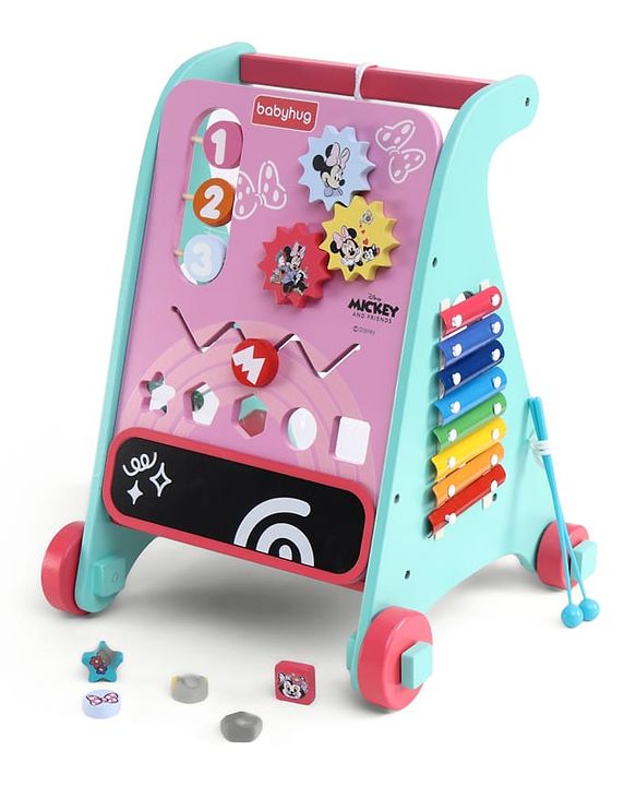 Babyhug Disney Mickey & Friends Wooden Activity Walker with Xylophone and 6 Activities - Red| Baby Safe Material| Engaging Activity Toys