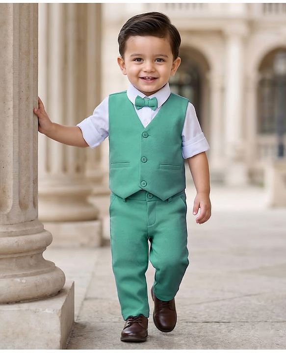 Babyhug Knit Full Sleeves Stretchable Solid 3 Piece Party Suit With Bow - Mint