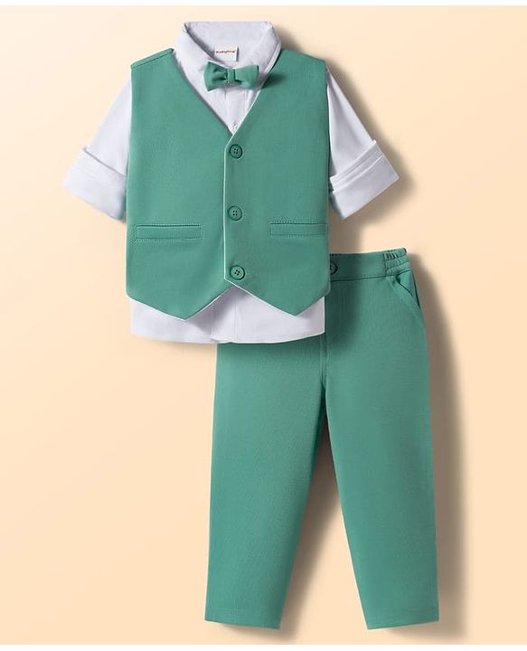 Babyhug Knit Full Sleeves Stretchable Solid 3 Piece Party Suit With Bow - Mint