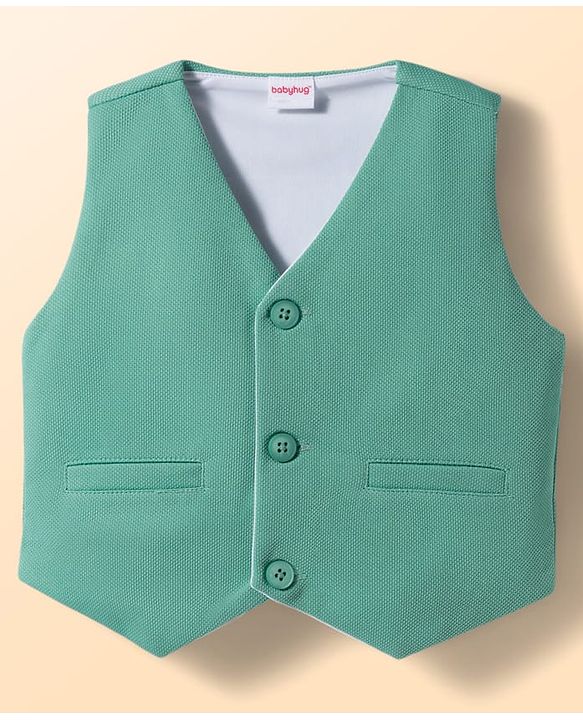 Babyhug Knit Full Sleeves Stretchable Solid 3 Piece Party Suit With Bow - Mint