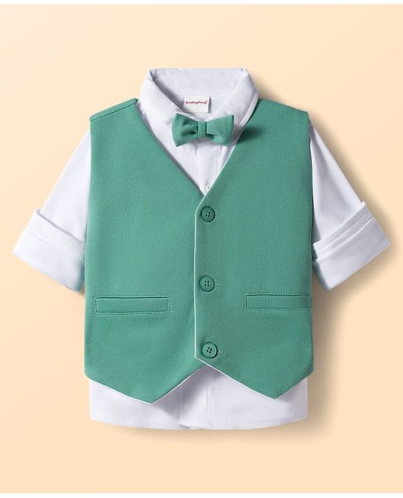Babyhug Knit Full Sleeves Stretchable Solid 3 Piece Party Suit With Bow - Mint