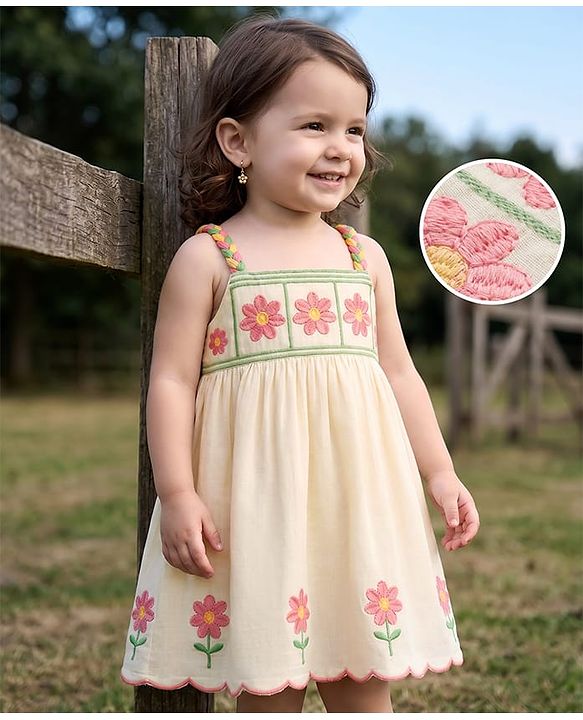 Babyhug Cotton Woven Sleeveless Floral Embroidered Frock- White