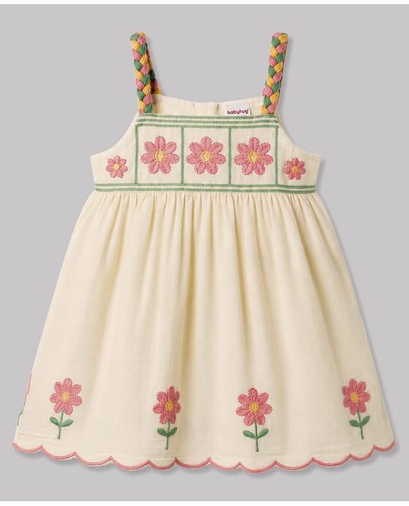 Babyhug Cotton Woven Sleeveless Floral Embroidered Frock- White