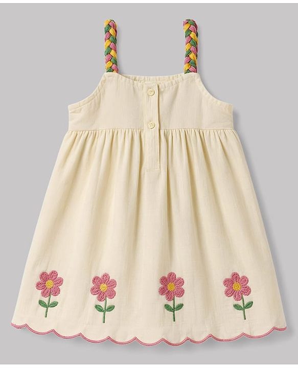 Babyhug Cotton Woven Sleeveless Floral Embroidered Frock- White