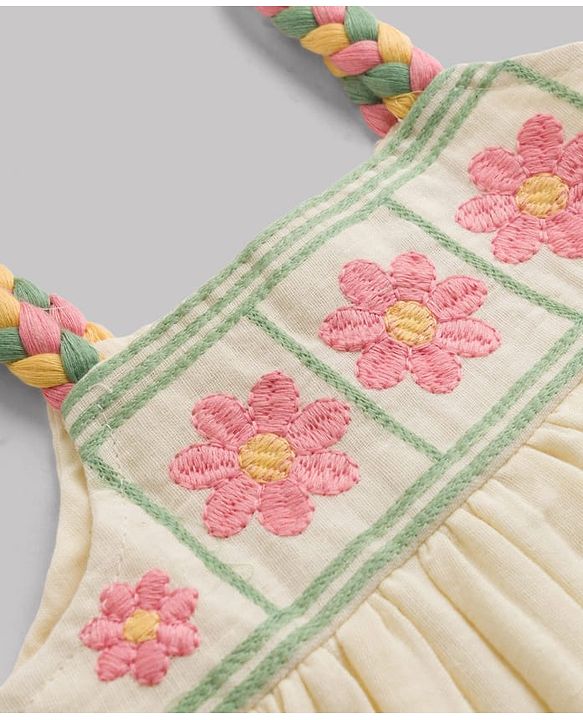 Babyhug Cotton Woven Sleeveless Floral Embroidered Frock- White