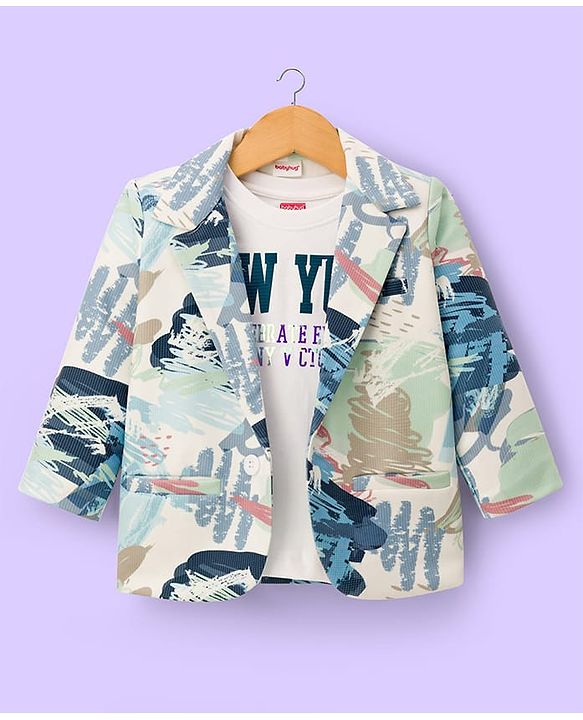 Babyhug Knit Full Sleeves Abstract Printed Blazer with Text Printed T-Shirt - Multicolour