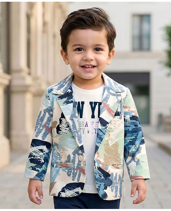Babyhug Knit Full Sleeves Abstract Printed Blazer with Text Printed T-Shirt - Multicolour