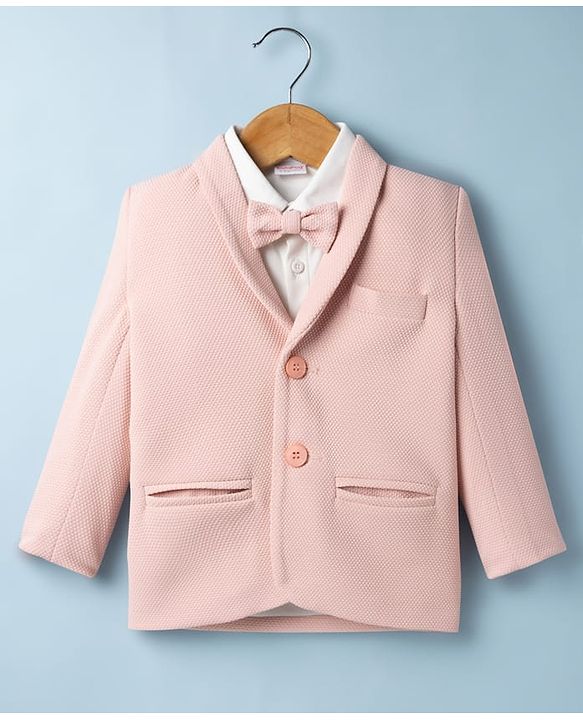 Babyhug Knit Full Sleeves Stretchable Solid 3 Piece Party Suit With Bow - Light Peach