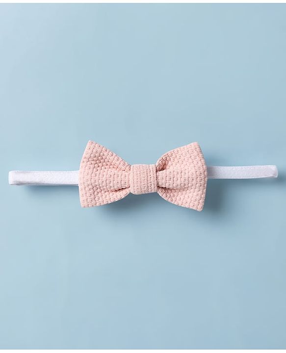 Babyhug Knit Full Sleeves Stretchable Solid 3 Piece Party Suit With Bow - Light Peach