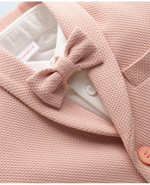 Babyhug Knit Full Sleeves Stretchable Solid 3 Piece Party Suit With Bow - Light Peach