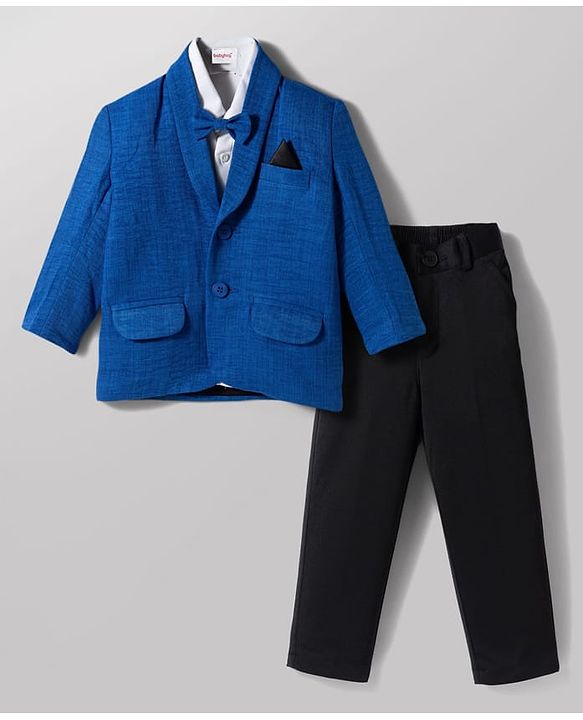 Babyhug Knit Full Sleeves Stretchable Solid Color 3 Piece Party Suit with Bow - Blue
