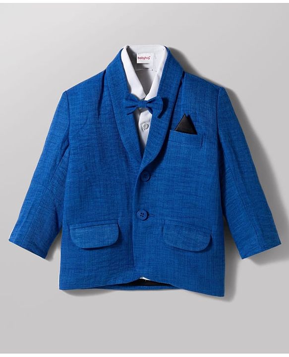 Babyhug Knit Full Sleeves Stretchable Solid Color 3 Piece Party Suit with Bow - Blue