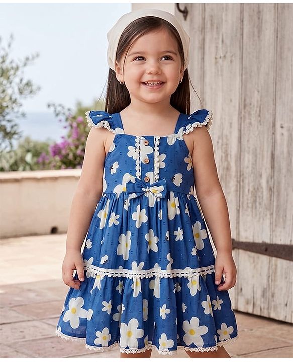 Babyhug Cotton Woven One Piece Dresses/Frocks with Ruffled Shoulder Straps and Floral Print Blue 9-12 Months