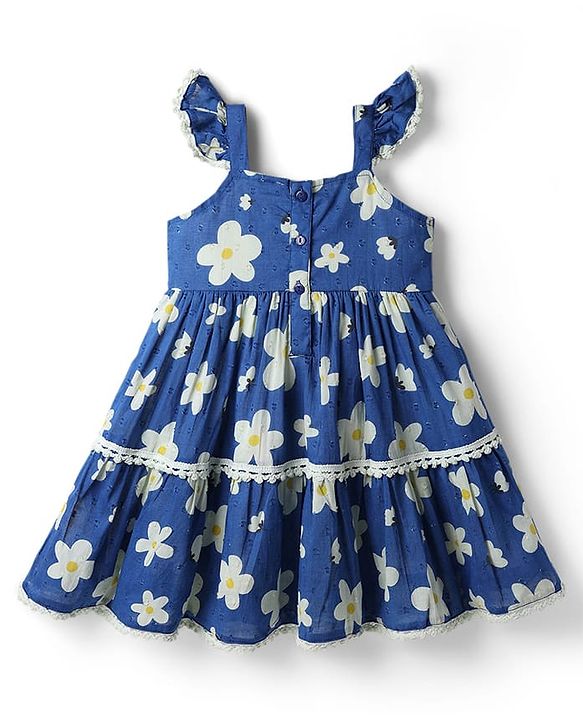 Babyhug Cotton Woven One Piece Dresses/Frocks with Ruffled Shoulder Straps and Floral Print Blue 9-12 Months