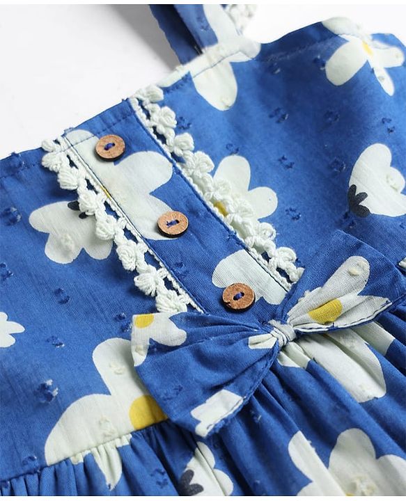 Babyhug Cotton Woven One Piece Dresses/Frocks with Ruffled Shoulder Straps and Floral Print Blue 9-12 Months