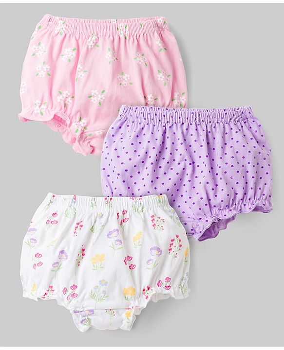 Babyhug 100% Cotton Knit Antibacterial Bloomers with Floral Print Pack of 3 - Multicolor