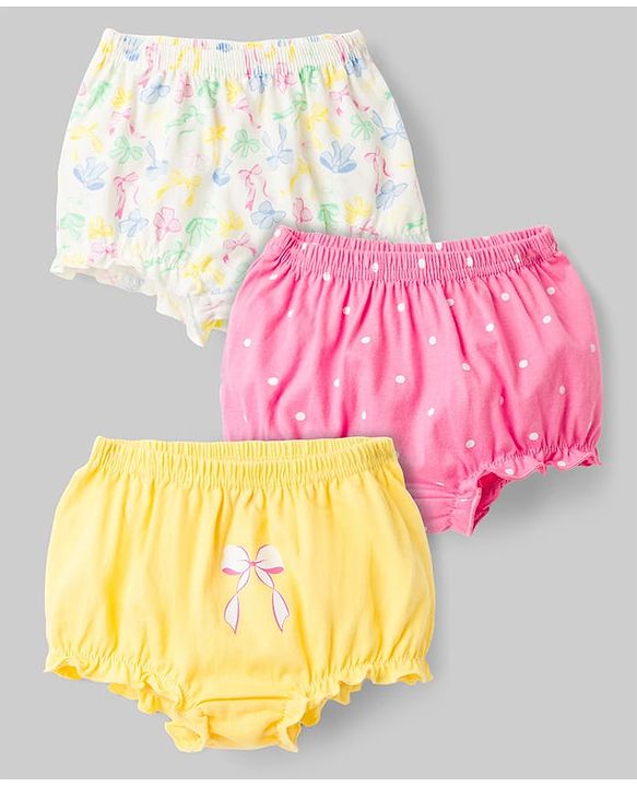Babyhug 100% Cotton Knit Antibacterial Bloomers with Bow & Polka Dot Print Pack of 3 - Multicolor