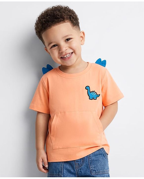 Babyhug Cotton Knit T-Shirts Half Sleeves Structured with Graphics & Applique Detailing Orange 12-18 Months