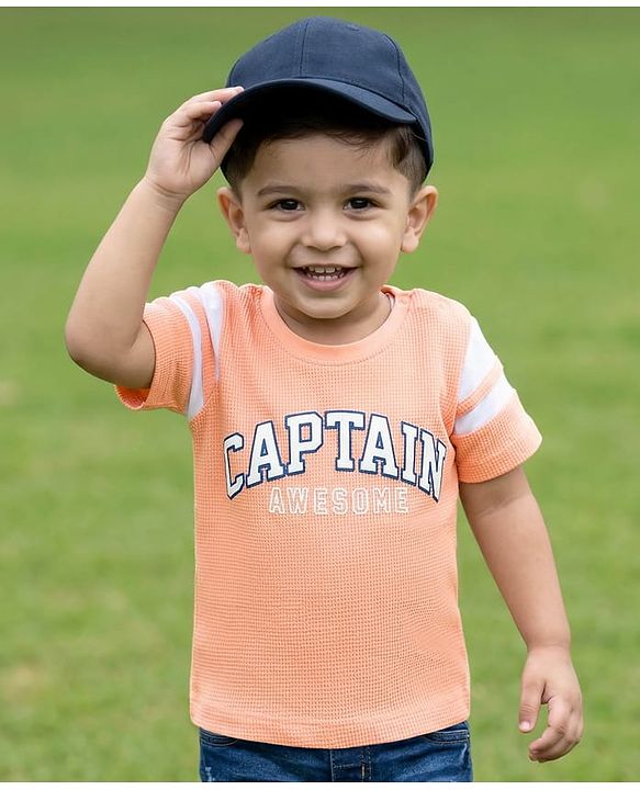 Babyhug Cotton Waffle Knit Half Sleeves T-Shirt With Text Print - Multicolor