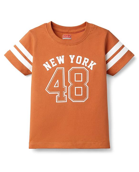 Babyhug Cotton Knit Half Sleeves T-Shirt with New York Print - Rust Orange