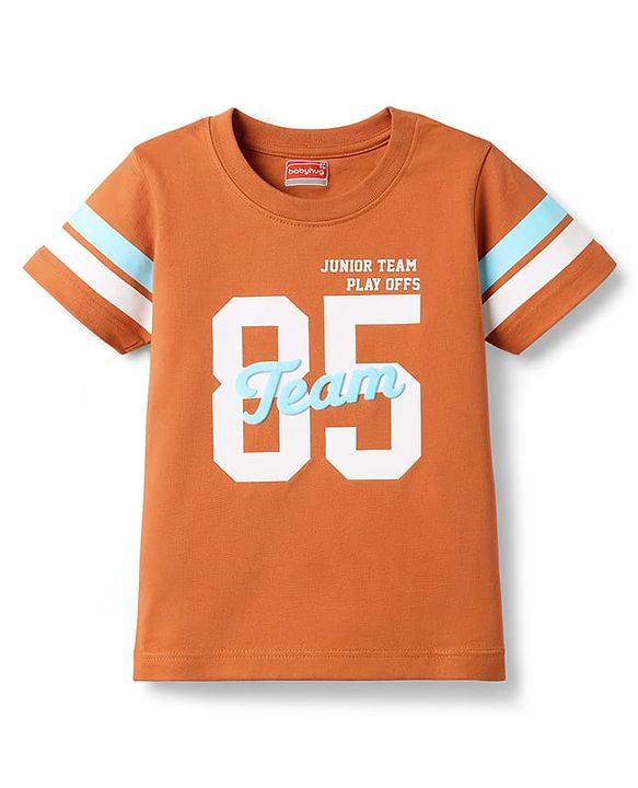 Babyhug Cotton Knit Half Sleeves T-Shirt with Sport Print - Rust Orange