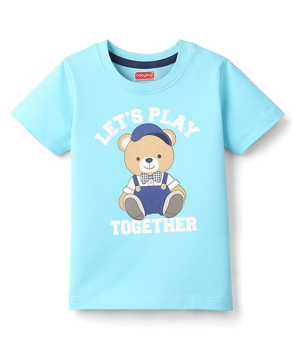 Babyhug Cotton Knit Half Sleeves T-Shirt with Bear Print - Aqua Blue