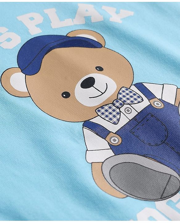 Babyhug Cotton Knit Half Sleeves T-Shirt with Bear Print - Aqua Blue