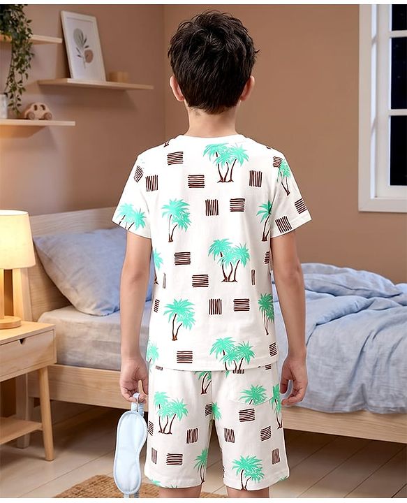 Pine Kids Cotton Knit Half Sleeves Beach Theme Printed Co -ords T-Shirt & Shorts Night Suit - White