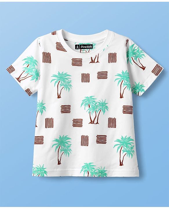 Pine Kids Cotton Knit Half Sleeves Beach Theme Printed Co -ords T-Shirt & Shorts Night Suit - White