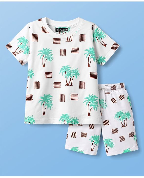 Pine Kids Cotton Knit Half Sleeves Beach Theme Printed Co -ords T-Shirt & Shorts Night Suit - White