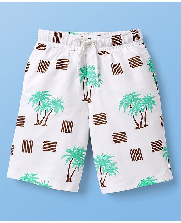 Pine Kids Cotton Knit Half Sleeves Beach Theme Printed Co -ords T-Shirt & Shorts Night Suit - White