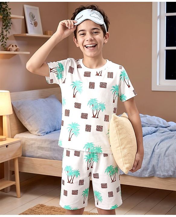 Pine Kids Cotton Knit Half Sleeves Beach Theme Printed Co -ords T-Shirt & Shorts Night Suit - White