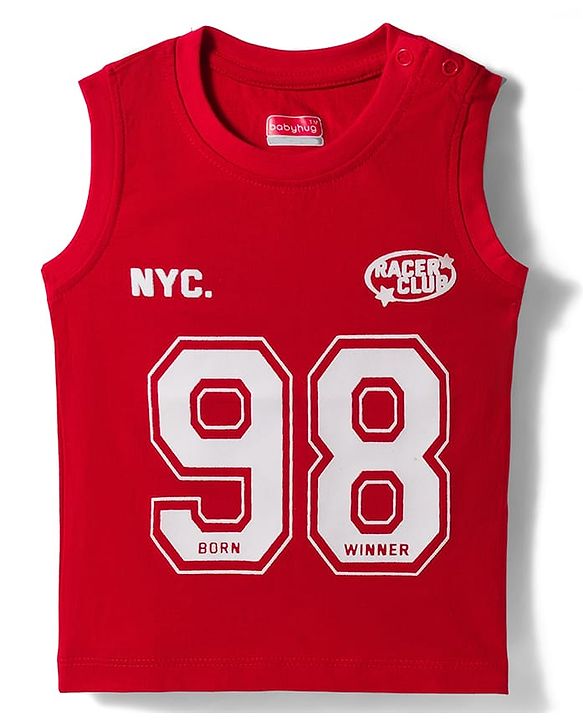 Babyhug Cotton Knit Sleeveless Tank T-Shirt with Number Graphics & Rib at Neck  - Red