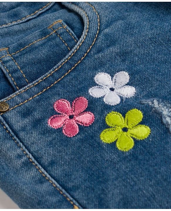 Pine Kids Cotton Woven Knee Length Shorts With Floral Embroidery - Navy Blue