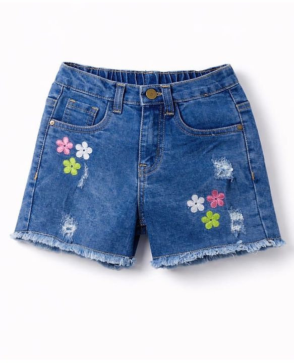Pine Kids Cotton Woven Knee Length Shorts With Floral Embroidery - Navy Blue