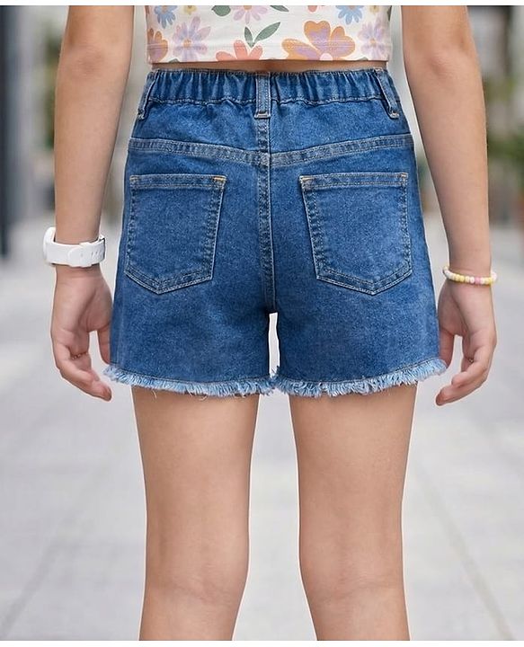 Pine Kids Cotton Woven Knee Length Shorts With Floral Embroidery - Navy Blue