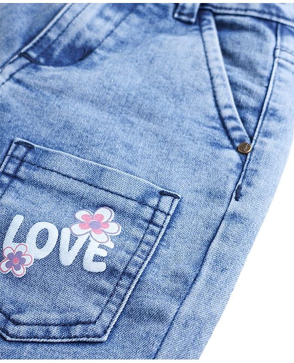 Pine Kids Woven Ankle Length Cargo Jeans with Text & Floral Prints - Blue