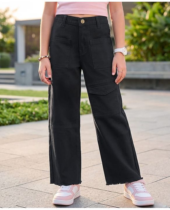 Pine Kids Woven Full Length Solid Flared Jeans - Black