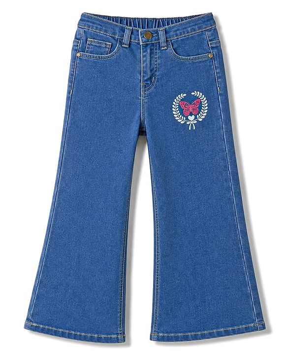 Pine Kids Woven Ankle Length Butterfly Printed Flared Jeans - Blue