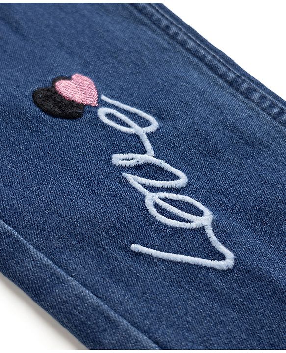 Pine Kids Cotton Mix Ankle Length Denim Jeans with Love Embroidery in Blue