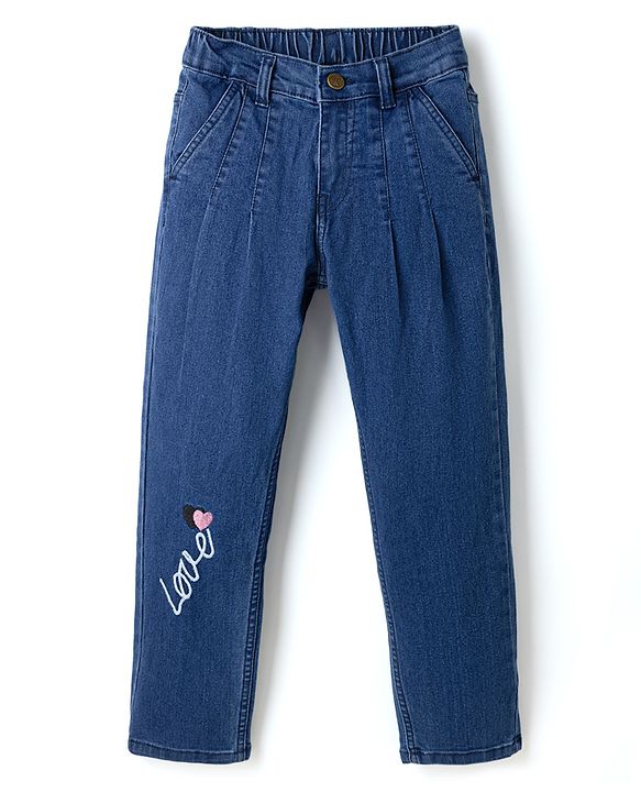 Pine Kids Cotton Mix Ankle Length Denim Jeans with Love Embroidery in Blue