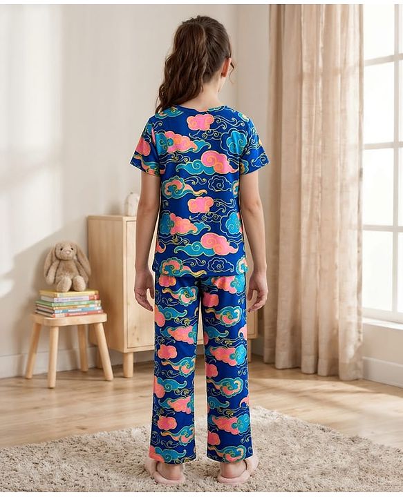 Pine Kids Cotton Knit Half Sleeves Top & Pyjama Co-ord Night Suit With Cloud Print - Navy Blue